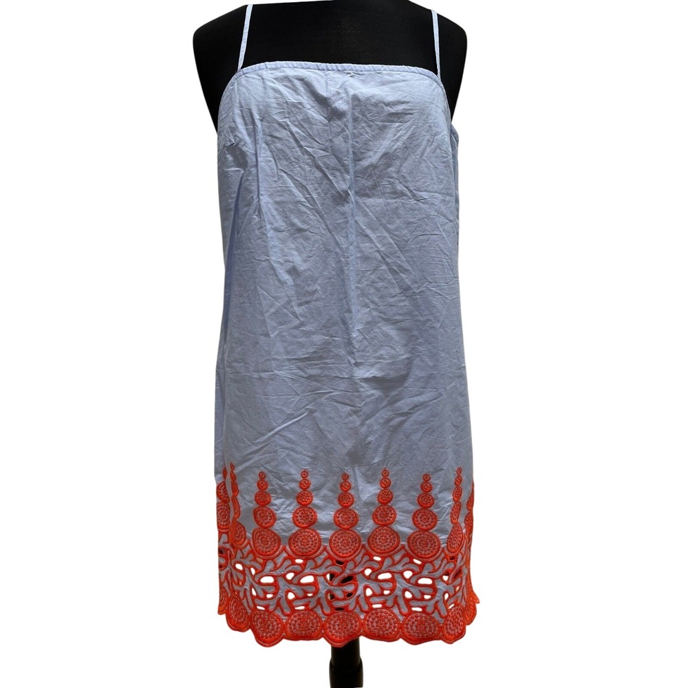 Celandine Blue Orange Embroidered Eyelet Scallop Hem Open Back Mini Dress Medium
